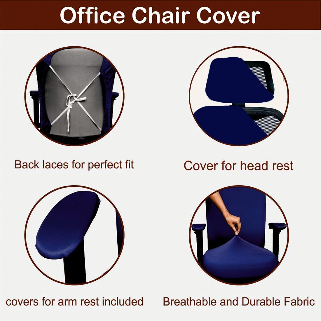 ELEGANTA Stretchable Office Chair Cover Set with Headrest & Armrest Covers | Soft & Washable Office Computer Desk Chair Slipcover | Navy Blue