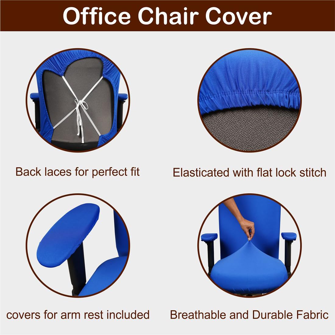 ELEGANTA Stretchable Office Chair Covers with Arm Rest Covers | Removable | Washable | Royal Blue