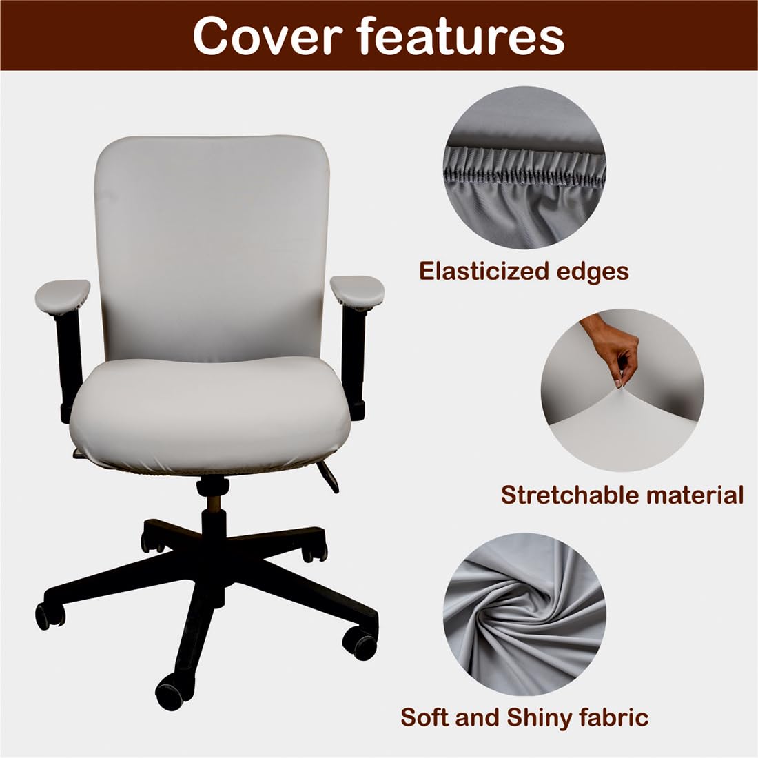 ELEGANTA Stretchable Office Chair Covers with Arm Rest Covers | Removable | Washable | Solid Grey