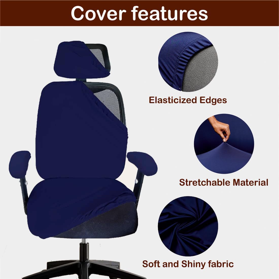 ELEGANTA Stretchable Office Chair Cover Set with Headrest & Armrest Covers | Soft & Washable Office Computer Desk Chair Slipcover | Navy Blue
