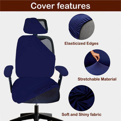 ELEGANTA Stretchable Office Chair Cover Set with Headrest & Armrest Covers | Soft & Washable Office Computer Desk Chair Slipcover | Navy Blue