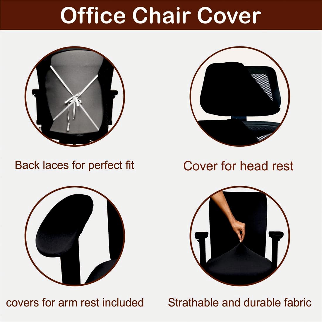 ELEGANTA Stretchable Office Chair Cover Set with Headrest & Armrest Covers | Soft & Washable Office Computer Desk Chair Slipcover | Solid Black