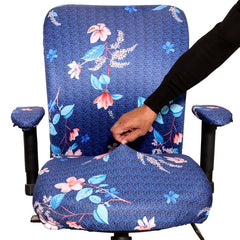 ELEGANTA Stretchable Office Chair Covers with Arm Rest Covers | Removable | Washable | Dark Blue Lotus