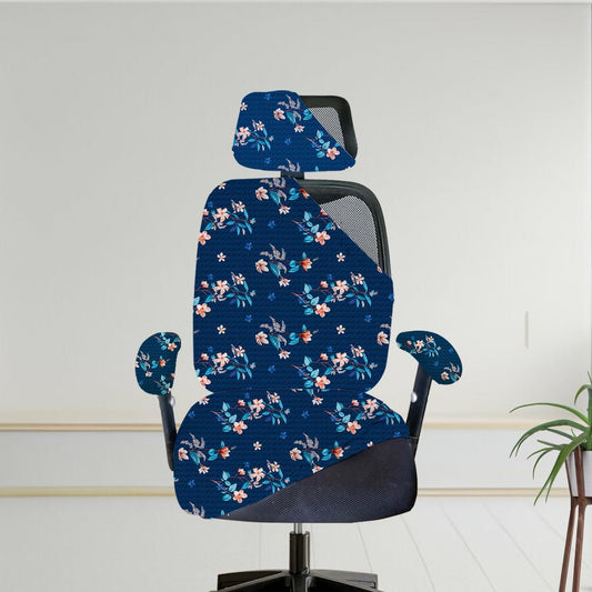 ELEGANTA Stretchable Office Chair Cover Set with Headrest & Armrest Covers | Soft & Washable Office Computer Desk Chair Slipcover | Dark Blue Lotus