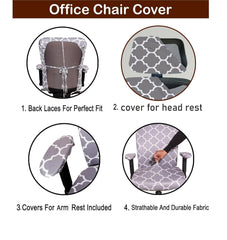 ELEGANTA Stretchable Office Chair Cover Set with Headrest & Armrest Covers | Soft & Washable Office Computer Desk Chair Slipcover | Grey Diamond