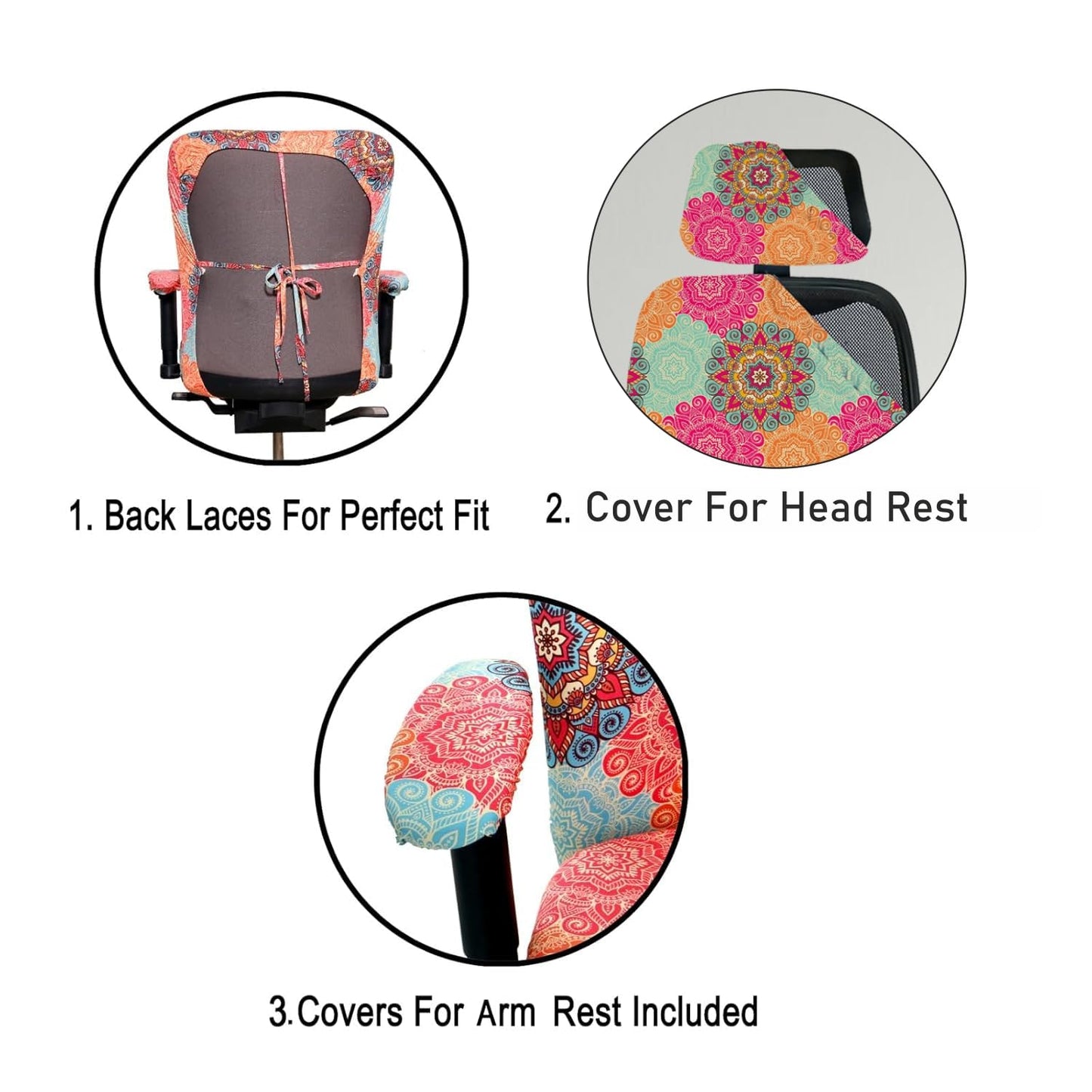 ELEGANTA Stretchable Office Chair Cover Set with Headrest & Armrest Covers | Soft & Washable Office Computer Desk Chair Slipcover | Multi Mandala