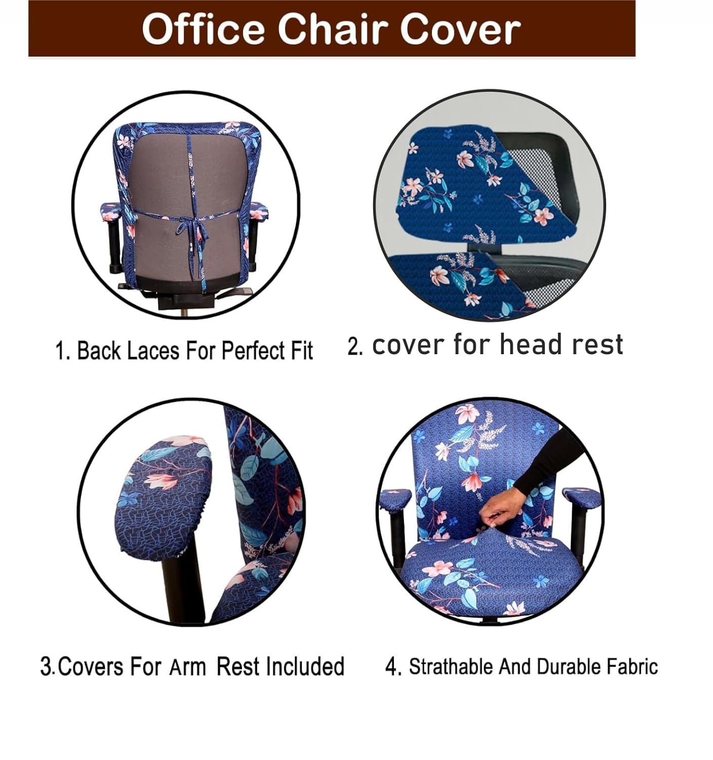 ELEGANTA Stretchable Office Chair Cover Set with Headrest & Armrest Covers | Soft & Washable Office Computer Desk Chair Slipcover | Dark Blue Lotus