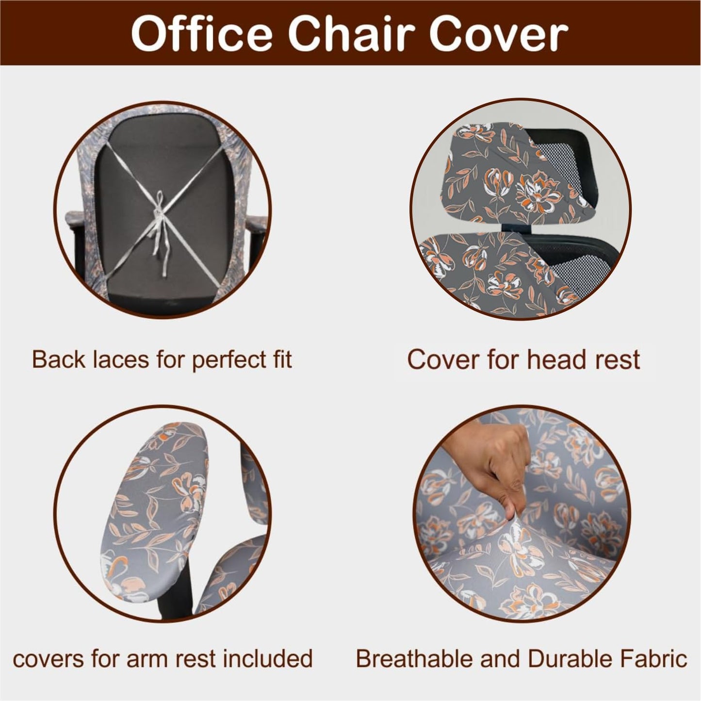 ELEGANTA Stretchable Office Chair Cover Set with Headrest & Armrest Covers | Soft & Washable Office Computer Desk Chair Slipcover | Grey Flower