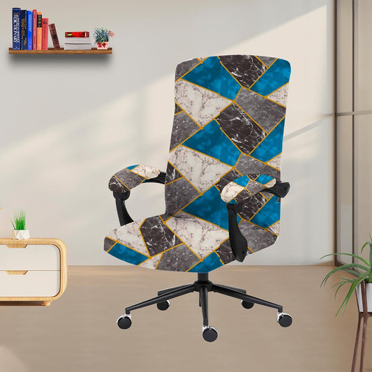 ELEGANTA Stretchable Boss Office Chair Covers with Armrest Covers | Solid and Printed Slipcovers | White & Teal Marble