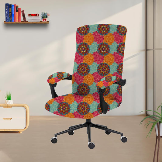 ELEGANTA Stretchable Boss Office Chair Covers with Armrest Covers | Solid and Printed Slipcovers | Multi Mandala