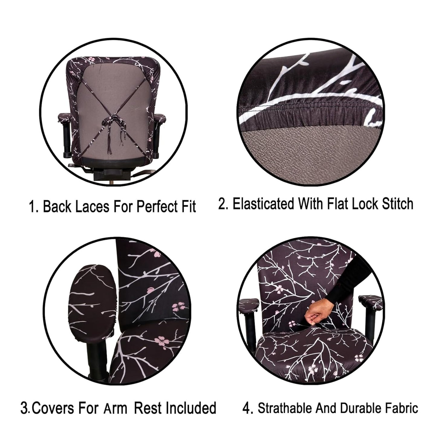 ELEGANTA Stretchable Office Chair Covers with Arm Rest Covers | Removable | Washable | Branch Black