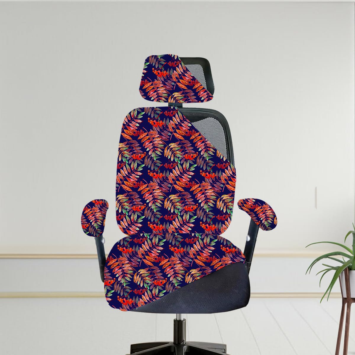 ELEGANTA Stretchable Office Chair Cover Set with Headrest & Armrest Covers | Soft & Washable Office Computer Desk Chair Slipcover | Red Blue Fern