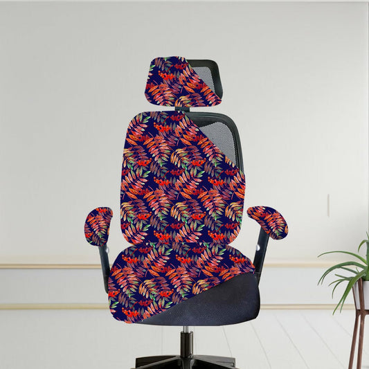 ELEGANTA Stretchable Office Chair Cover Set with Headrest & Armrest Covers | Soft & Washable Office Computer Desk Chair Slipcover | Red Blue Fern