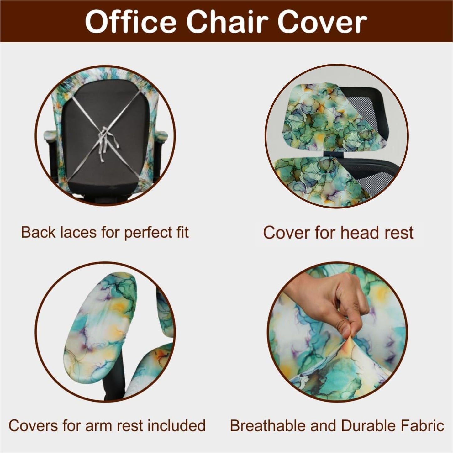ELEGANTA Stretchable Office Chair Cover Set with Headrest & Armrest Covers | Soft & Washable Office Computer Desk Chair Slipcover | Marble Green