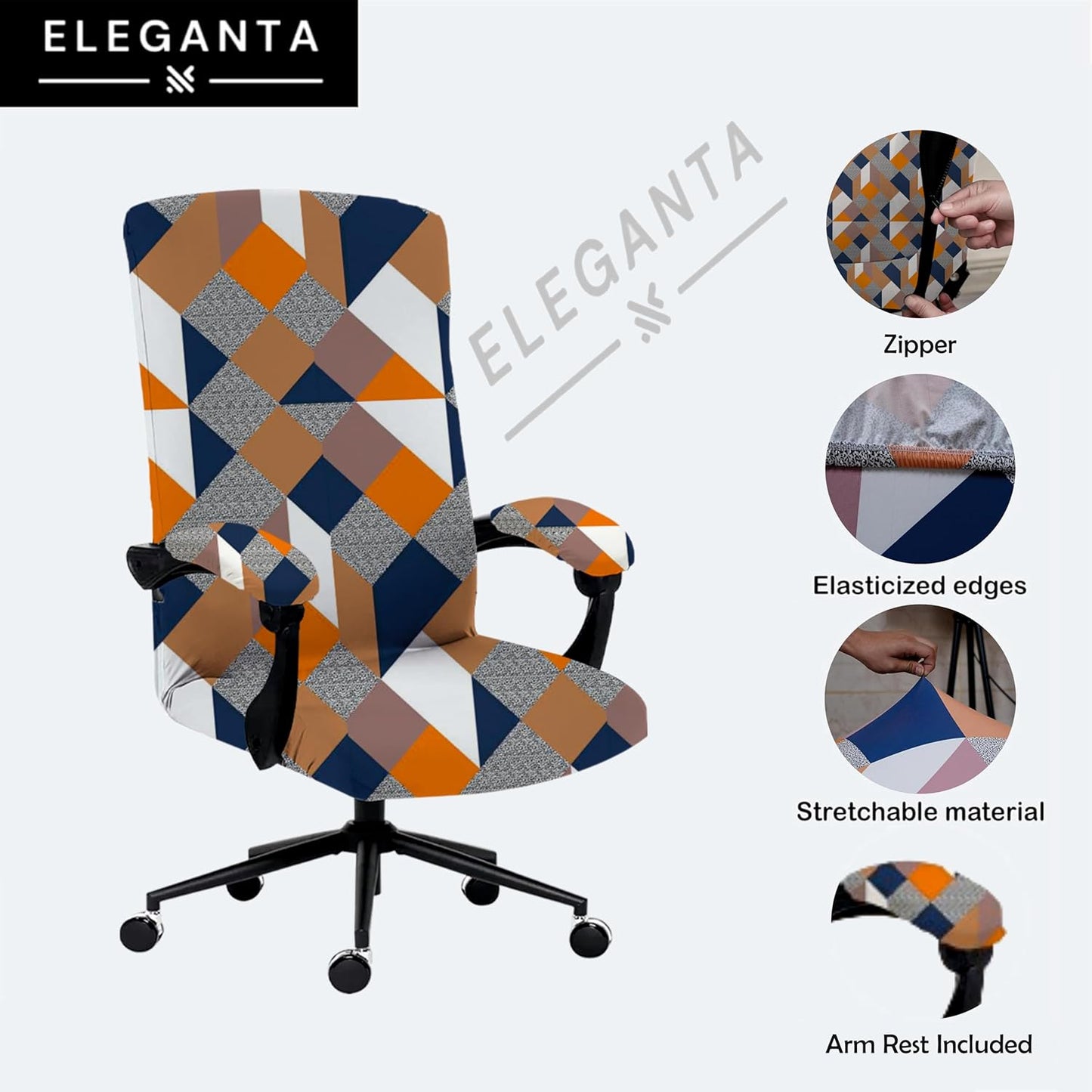 ELEGANTA Stretchable Boss Office Chair Covers with Armrest Covers | Solid and Printed Slipcovers | Multi Prism