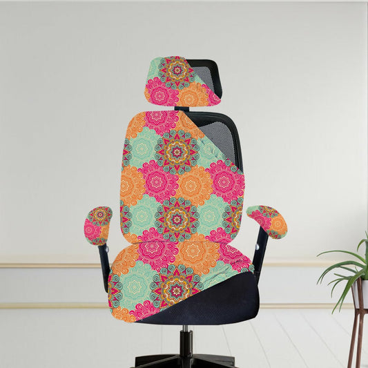 ELEGANTA Stretchable Office Chair Cover Set with Headrest & Armrest Covers | Soft & Washable Office Computer Desk Chair Slipcover | Multi Mandala