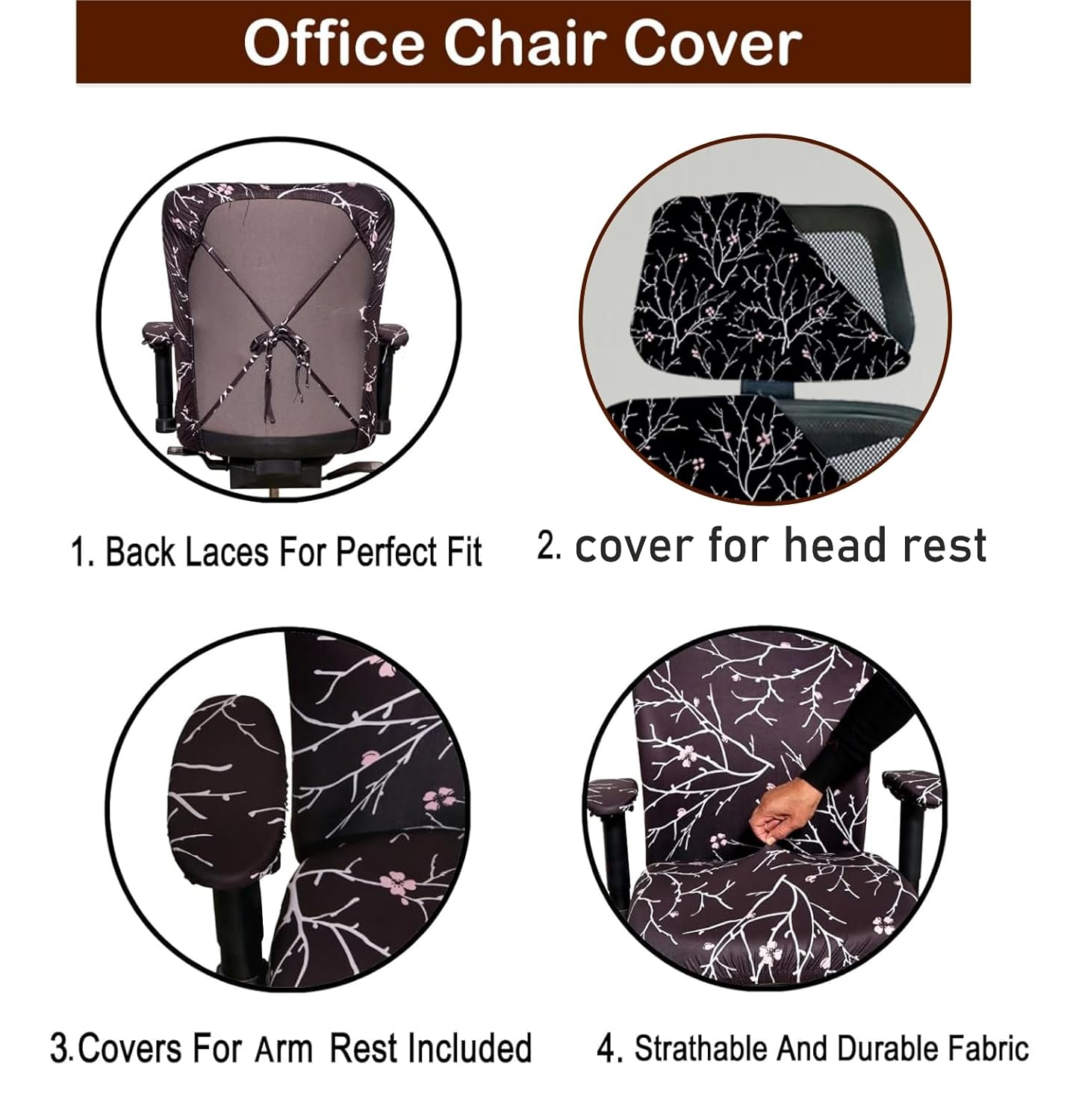 ELEGANTA Stretchable Office Chair Cover Set with Headrest & Armrest Covers | Soft & Washable Office Computer Desk Chair Slipcover | Branch Black