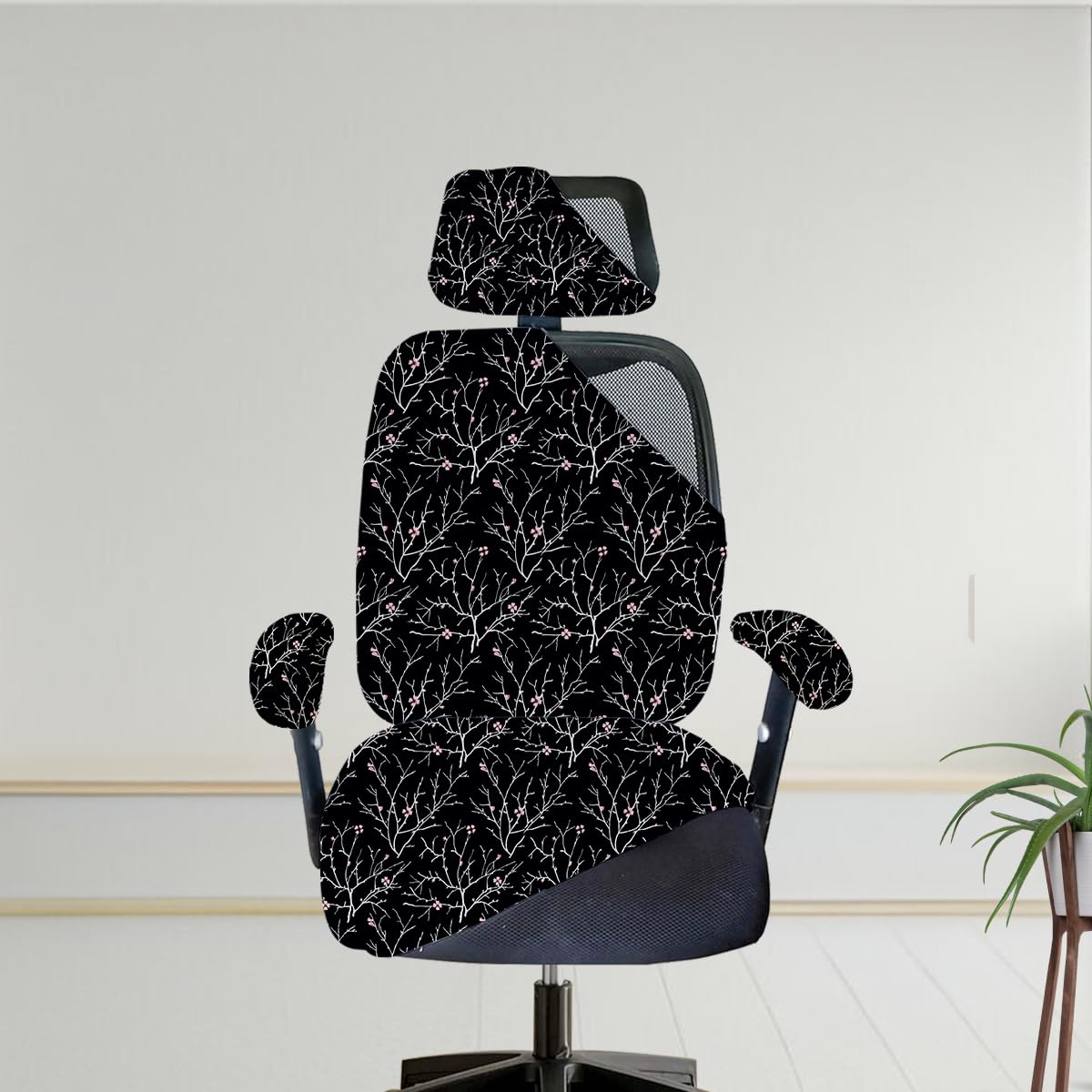 ELEGANTA Stretchable Office Chair Cover Set with Headrest & Armrest Covers | Soft & Washable Office Computer Desk Chair Slipcover | Branch Black