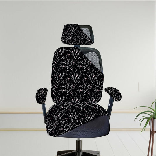 ELEGANTA Stretchable Office Chair Cover Set with Headrest & Armrest Covers | Soft & Washable Office Computer Desk Chair Slipcover | Branch Black