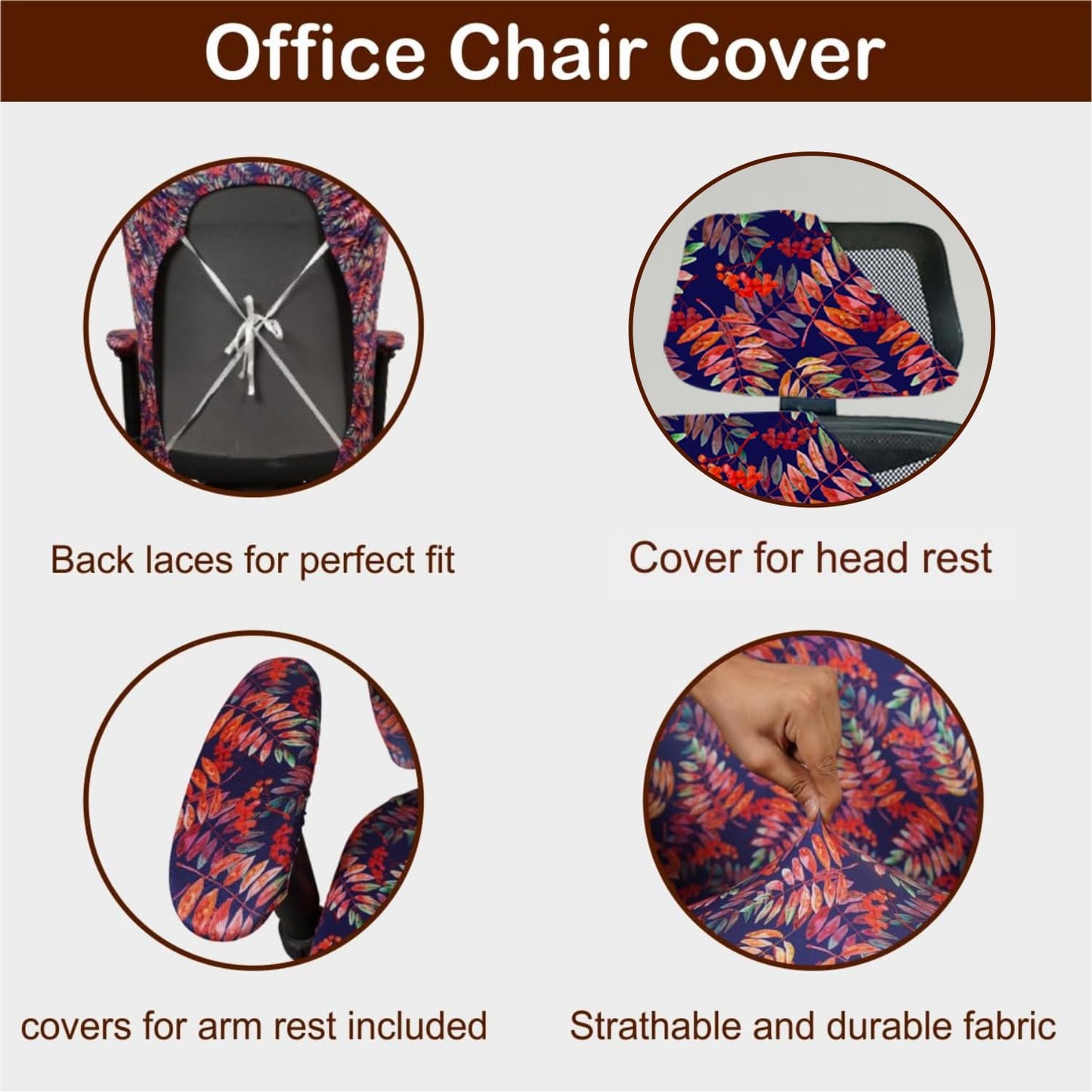 ELEGANTA Stretchable Office Chair Cover Set with Headrest & Armrest Covers | Soft & Washable Office Computer Desk Chair Slipcover | Red Blue Fern