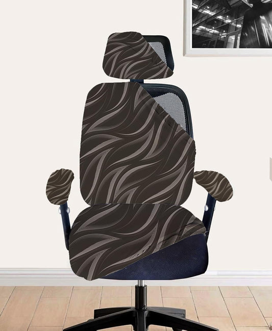 ELEGANTA Stretchable Office Chair Cover Set with Headrest & Armrest Covers | Soft & Washable Office Computer Desk Chair Slipcover | Brown Leaf