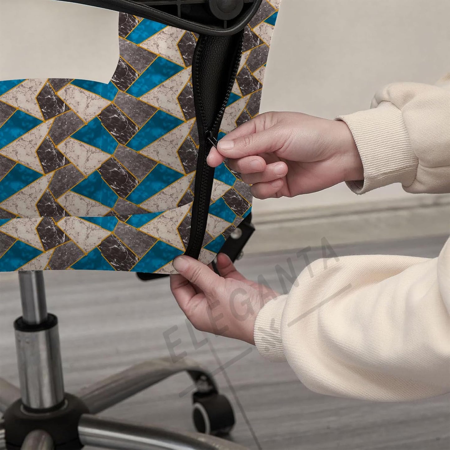 ELEGANTA Stretchable Boss Office Chair Covers with Armrest Covers | Solid and Printed Slipcovers | White & Teal Marble