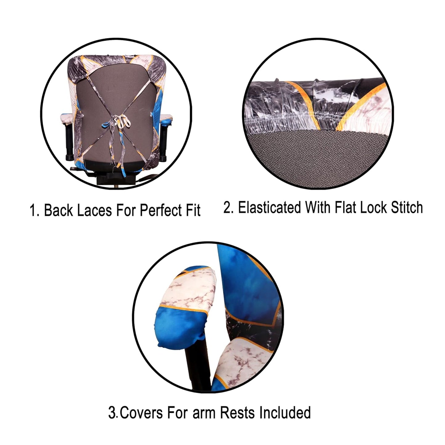 ELEGANTA Stretchable Office Chair Covers with Arm Rest Covers | Removable | Washable | White & Teal Marble