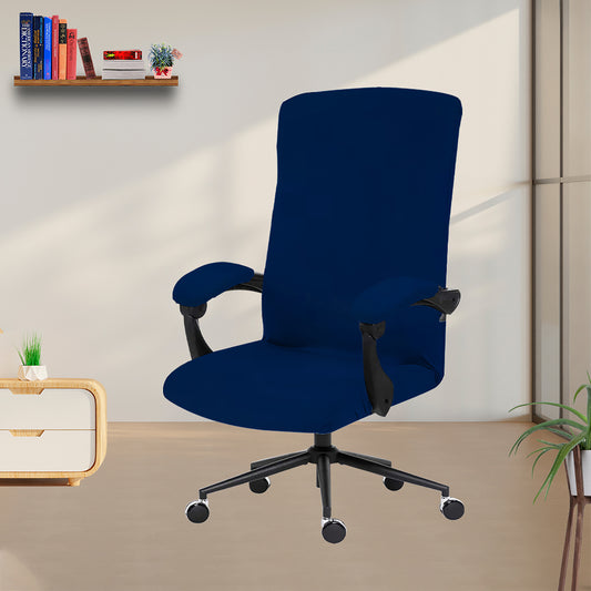 ELEGANTA Stretchable Boss Office Chair Covers with Armrest Covers | Solid and Printed Slipcovers | Navy Blue