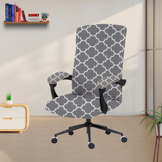 ELEGANTA Stretchable Boss Office Chair Covers with Armrest Covers | Solid and Printed Slipcovers | Grey Diamond