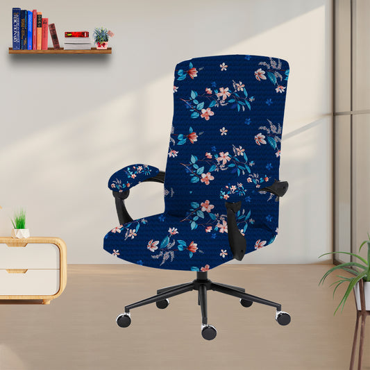 ELEGANTA Stretchable Boss Office Chair Covers with Armrest Covers | Solid and Printed Slipcovers | Dark Blue Lotus