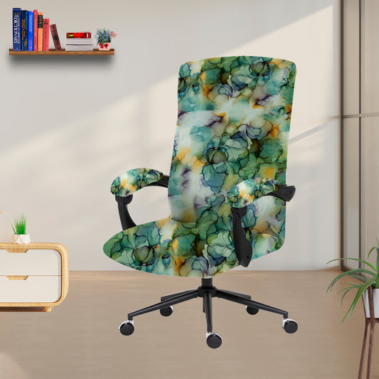 ELEGANTA Stretchable Boss Office Chair Covers with Armrest Covers | Solid and Printed Slipcovers |  Marble Green