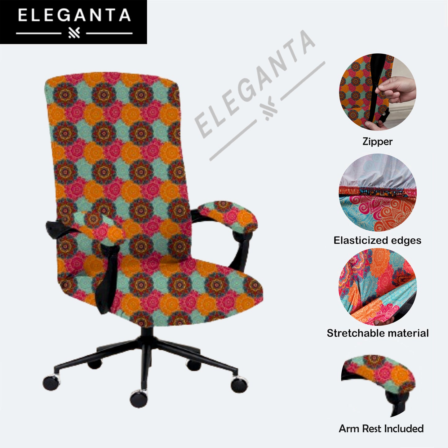 ELEGANTA Stretchable Boss Office Chair Covers with Armrest Covers | Solid and Printed Slipcovers | Multi Mandala